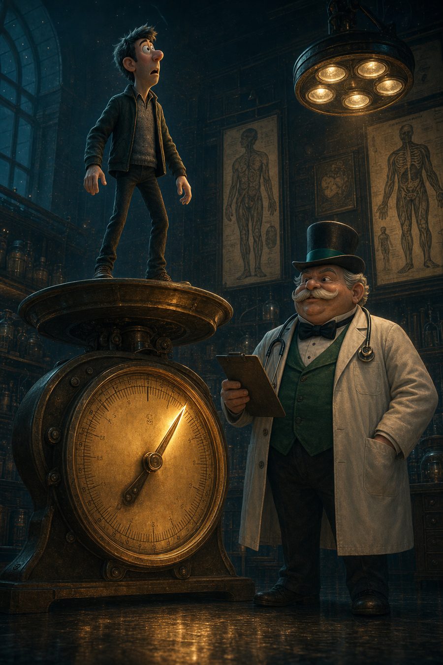 Ilustración: el protagonista sobre una báscula gigante mientras un doctor con portapapeles sonríe