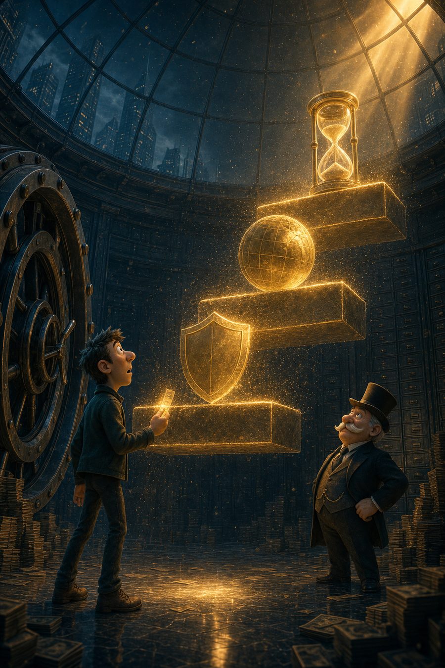 Ilustración: el protagonista ante tres peldaños dorados con un escudo, un globo terráqueo y un reloj de arena