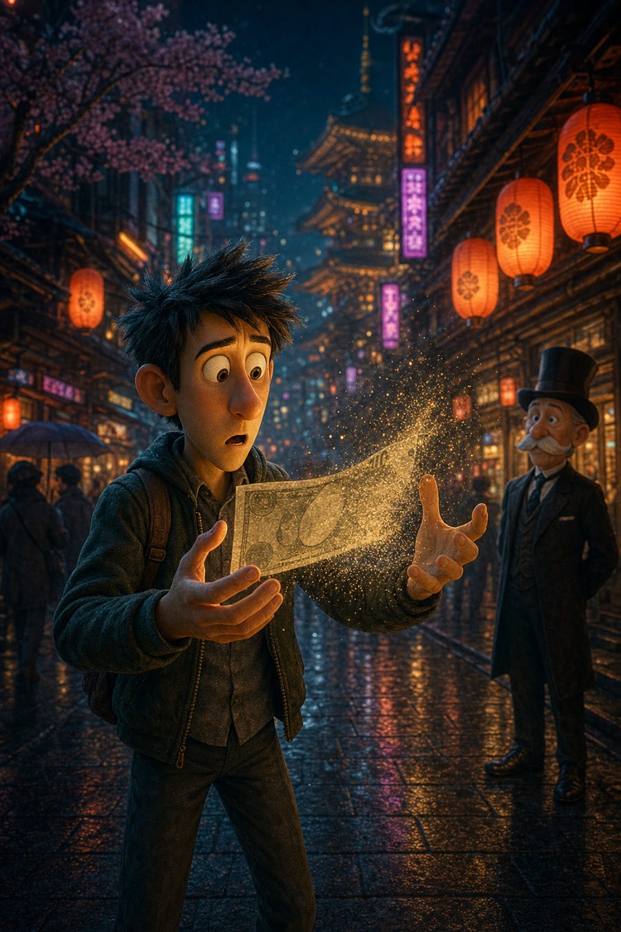 Ilustración: el protagonista en una calle japonesa de neón sostiene un billete gigante que se desvanece entre sus manos