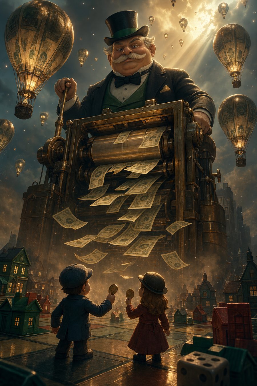 Ilustración: un banquero gigante imprime billetes sobre un tablero de juego mientras los jugadores sostienen unas pocas monedas