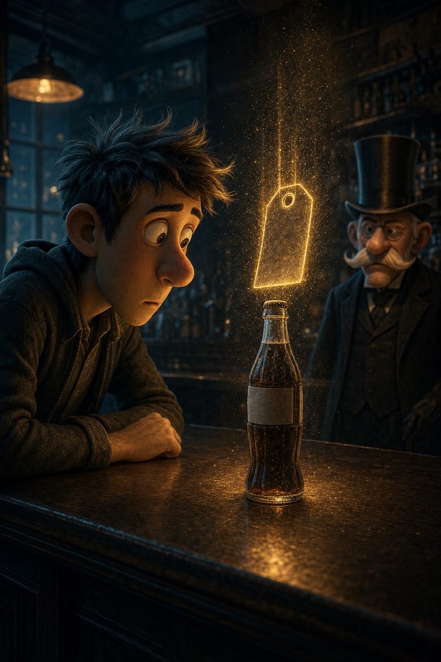 Ilustración: un joven observa una botella de refresco con una etiqueta de precio holográfica dorada en un bar oscuro