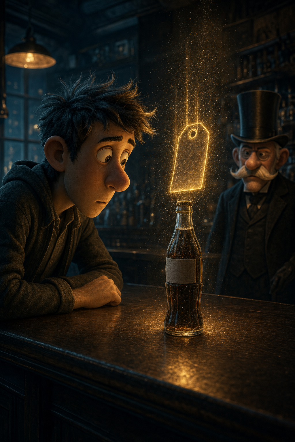 Ilustración: un joven observa una botella de refresco con una etiqueta de precio holográfica dorada en un bar oscuro