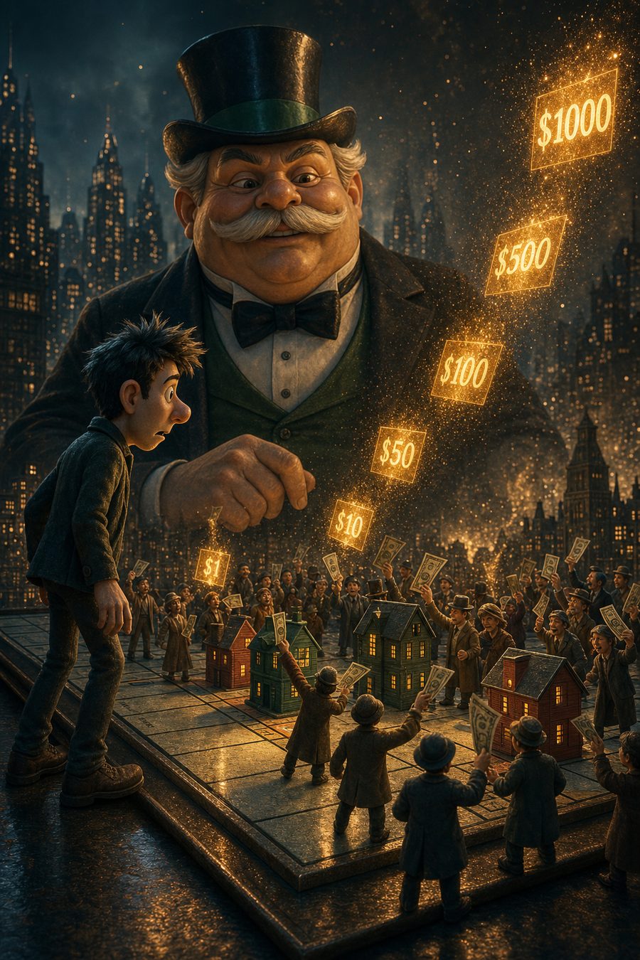 Ilustración: multitud pujando por casitas de juego mientras etiquetas de precio doradas flotan y suben