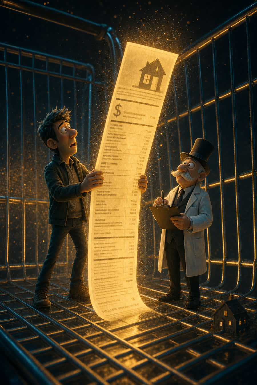 Ilustración: dentro de un carrito gigante, una casa diminuta se encoge mientras un joven sostiene un recibo de alquiler enorme