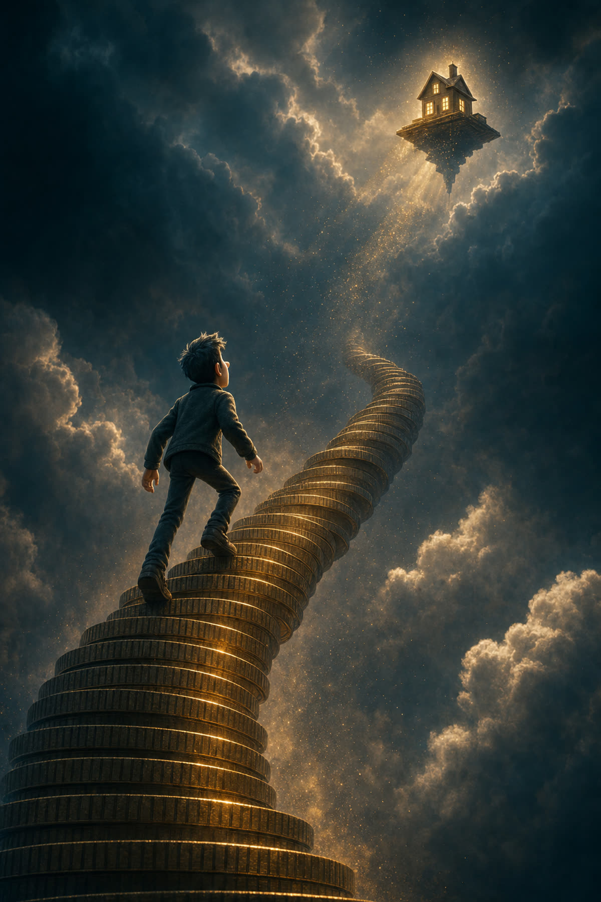 Ilustración: un joven sube una escalera hecha de monedas de oro mientras una casa flotante se eleva alejándose de él