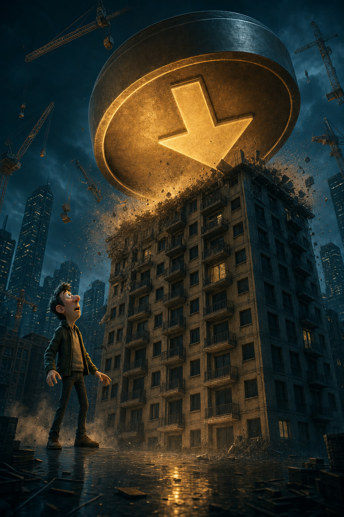 Ilustración: una tapa luminosa con una flecha de precio a la baja aprieta sobre un edificio mientras las ventanas se apagan una a una